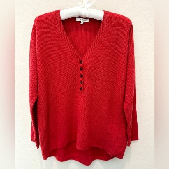 MADEWELL | Red Asherton Wool Alpaca Waffle Oversized Henley Sweater | XS - Picture 2 of 7
